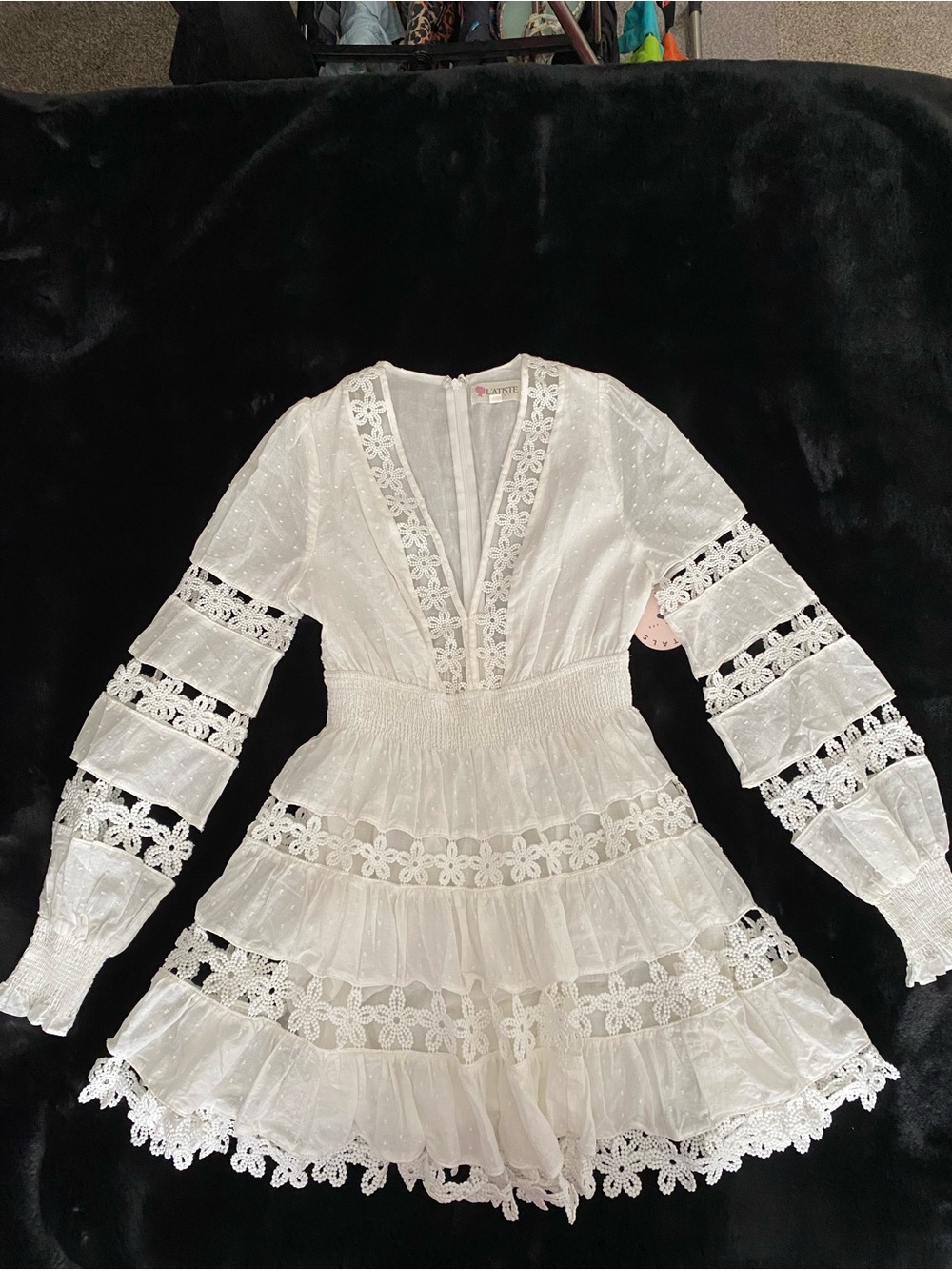White V-Neck Long Sleeve Dress